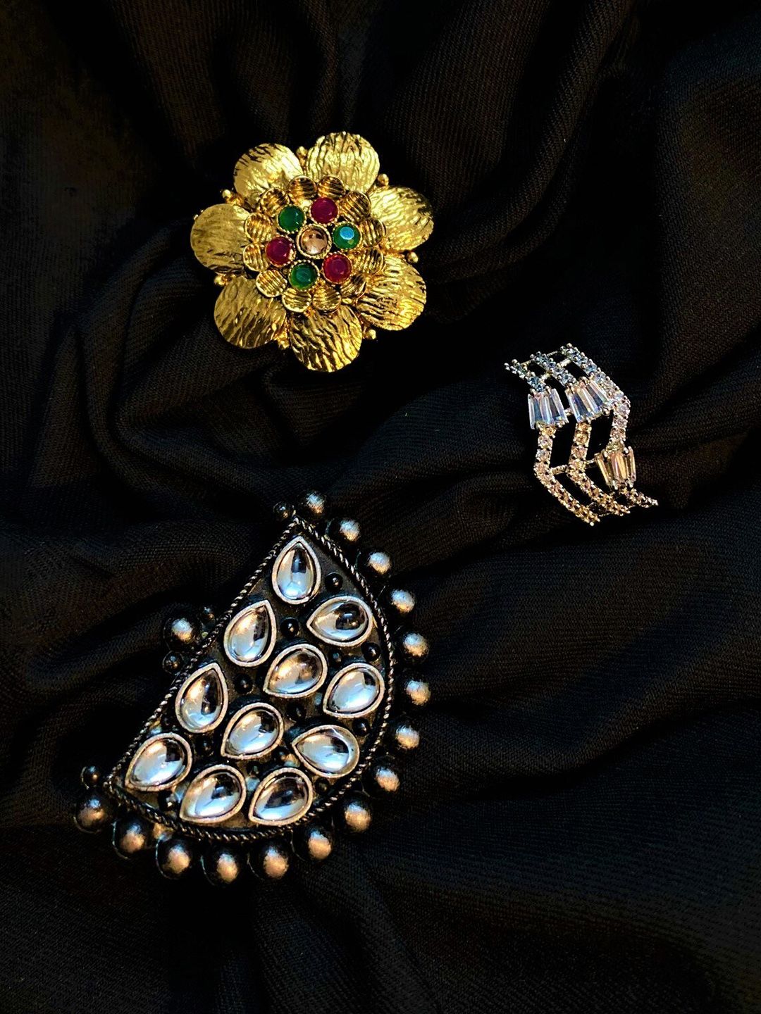 ATIBELLE Set Of 3 Gold & Silver-Plated Stone-Studded Brass Finger Rings