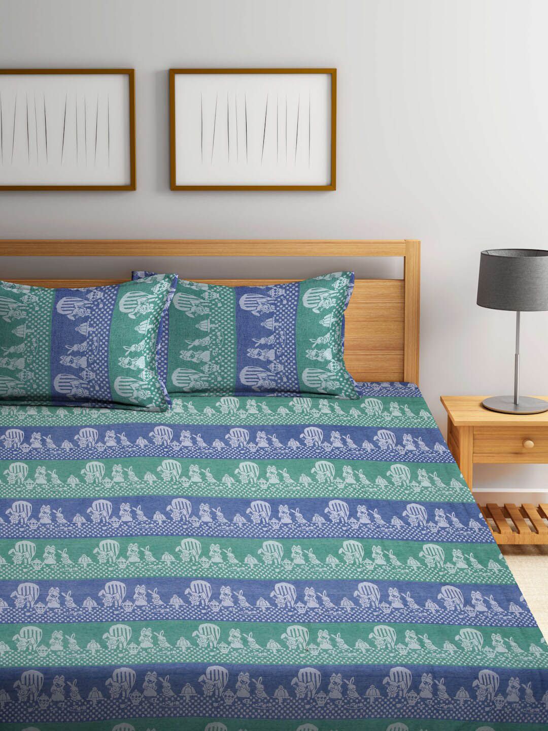 FABINALIV Blue & Green Woven Design Pure Cotton Double King Bed Cover & 2 Pillow Covers-image-41