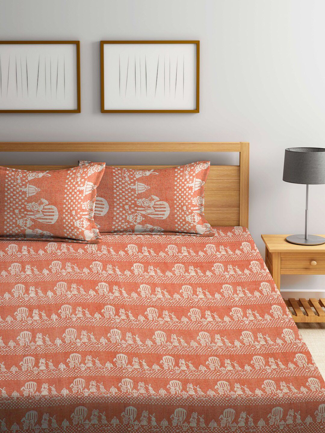 FABINALIV Orange & White Woven Design Pure Cotton Double King Bed Cover & 2 Pillow Covers-image-33