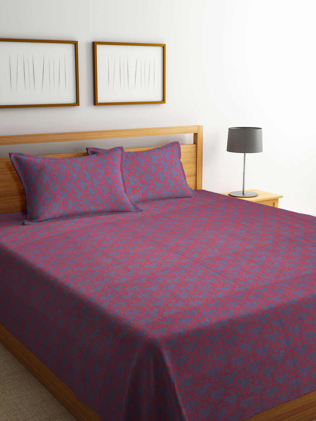 FABINALIV Red & Blue Woven Design Pure Cotton Double King Bed Cover With 2 Pillow Covers