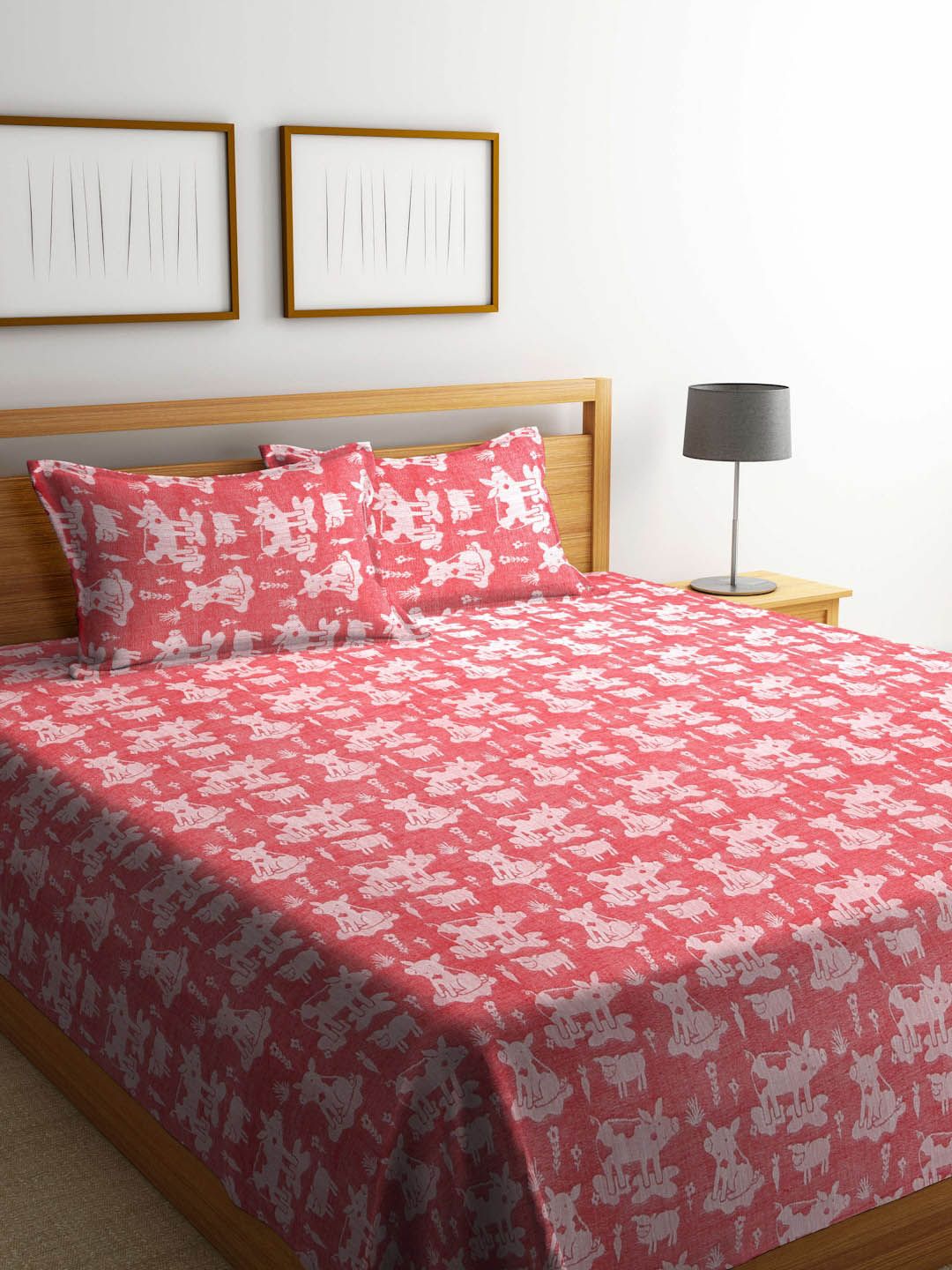 FABINALIV Red & White Woven Design Pure Cotton Double King Bed Cover With 2 Pillow Covers-image-47
