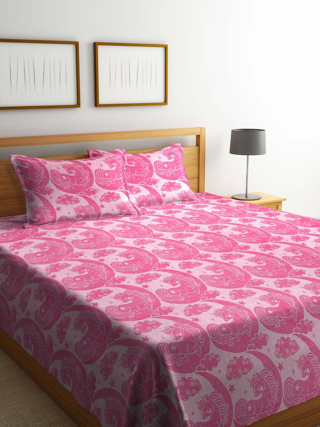FABINALIV Pink & White Cartoon Design Cotton King Bed Cover with 2 Pillow Covers-image-14