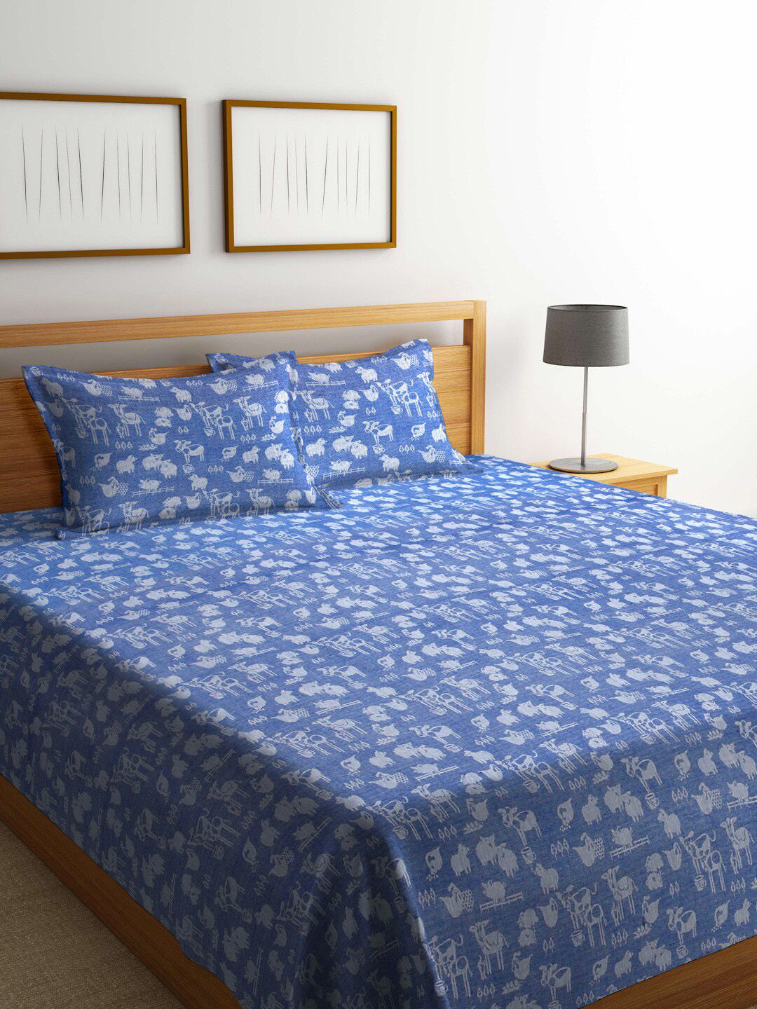 FABINALIV Blue & White Cartoon Design Pure Cotton Double King Bed Cover & 2 Pillow Covers