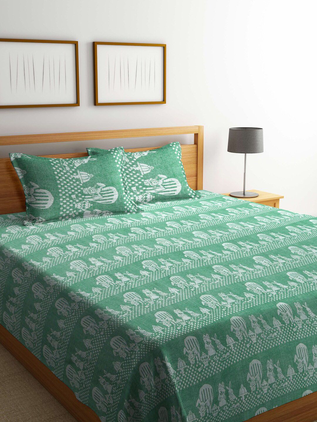 FABINALIV Green Woven Design Pure Cotton Double King Bed Cover With 2 Pillow Covers-image-44