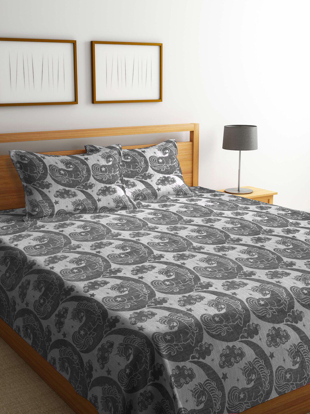 FABINALIV Grey Woven Design Pure Cotton Double King Bed Cover & 2 Pillow Covers-image-24