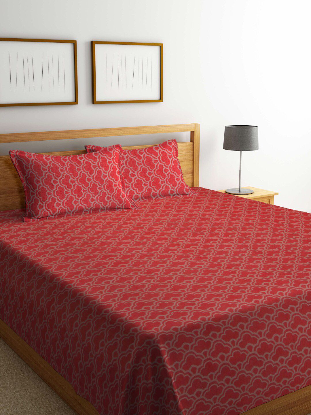 FABINALIV Red & Beige Pure Cotton Double King Bed Cover With 2 Pillow Covers