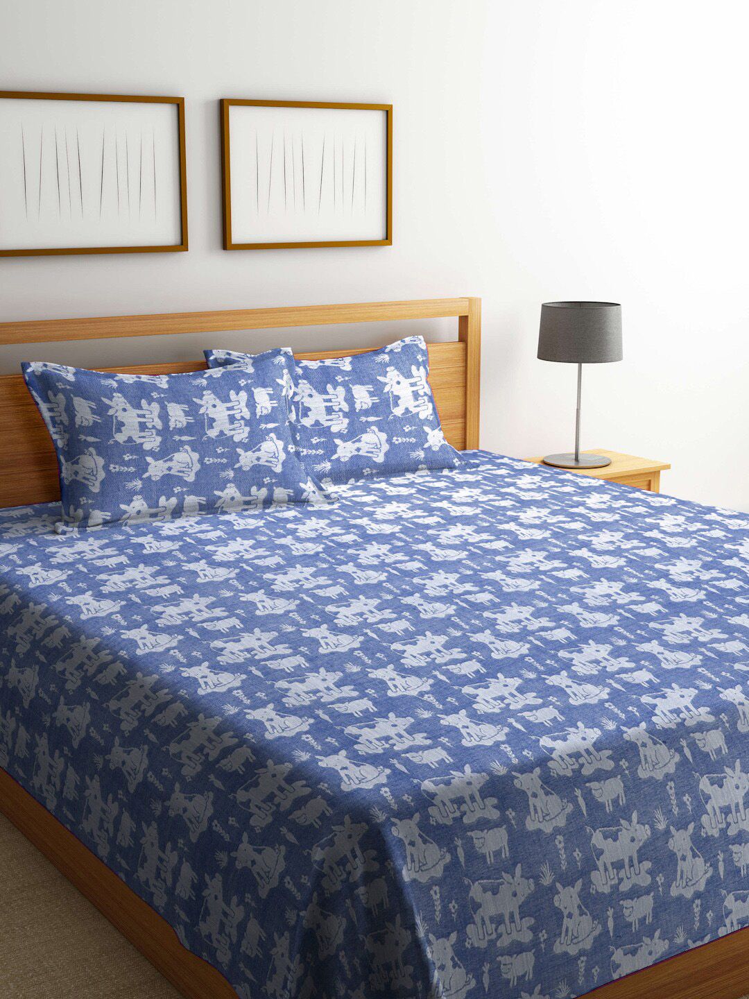 FABINALIV Blue & White Pure Cotton Double King Bed Cover With 2 Pillow Covers-image-47