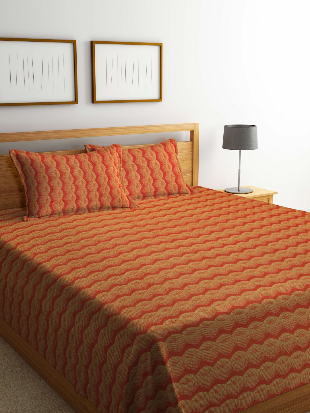 FABINALIV Orange Pure Cotton Double King Bed Cover With 2 Pillow Covers