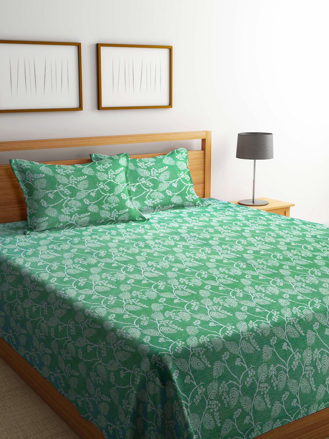 FABINALIV Green & White Pure Cotton Double King Bed Cover With 2 Pillow Covers-image-38