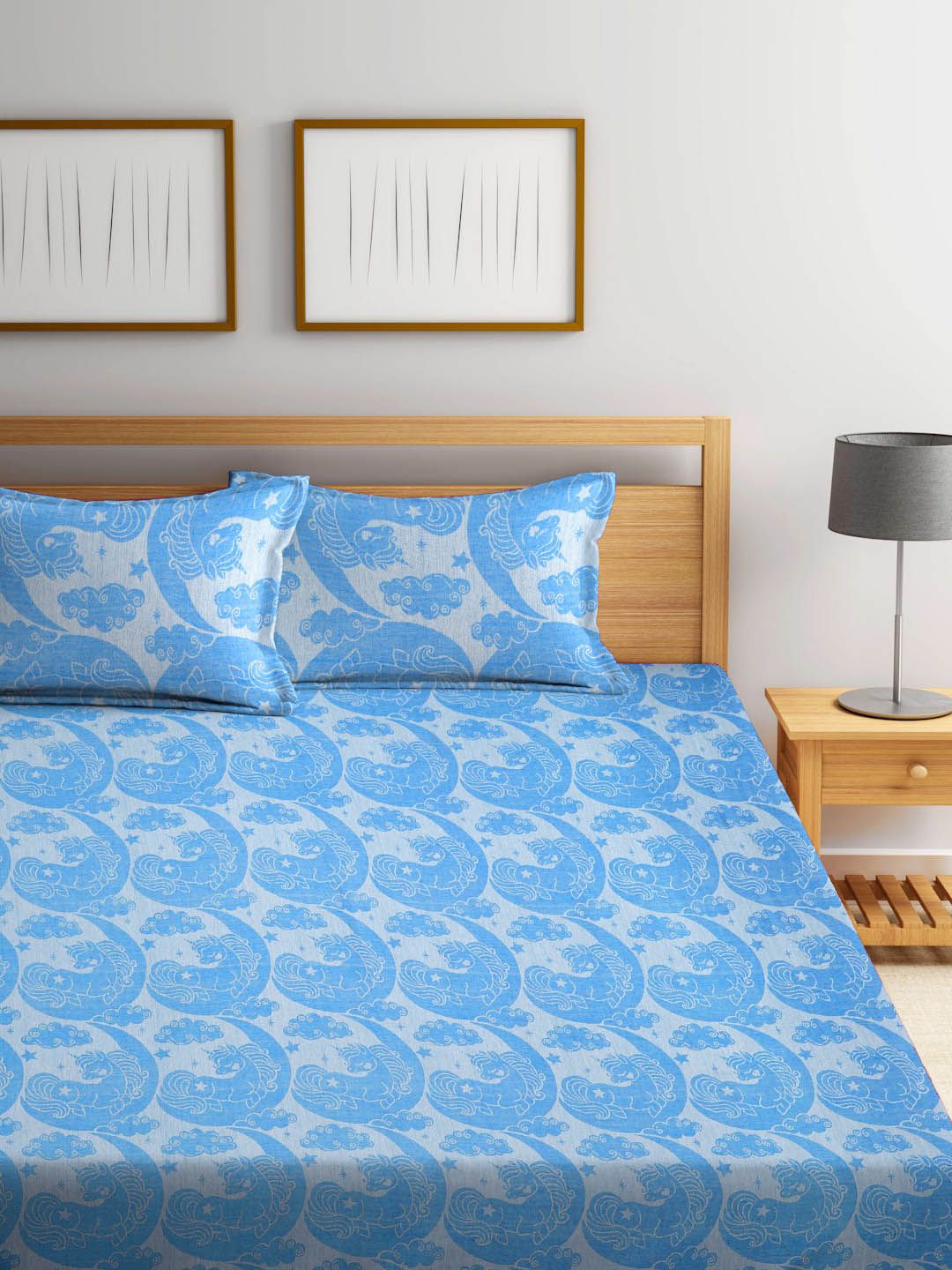 FABINALIV Blue & White Pure Cotton Double King Bed Cover With 2 Pillow Covers-image-28