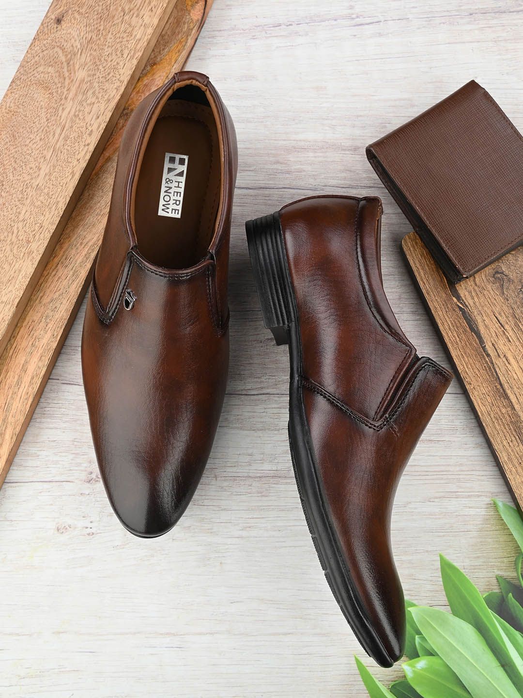 HERE&NOW Men Brown Textured Formal Slip-On Shoes-picture-24