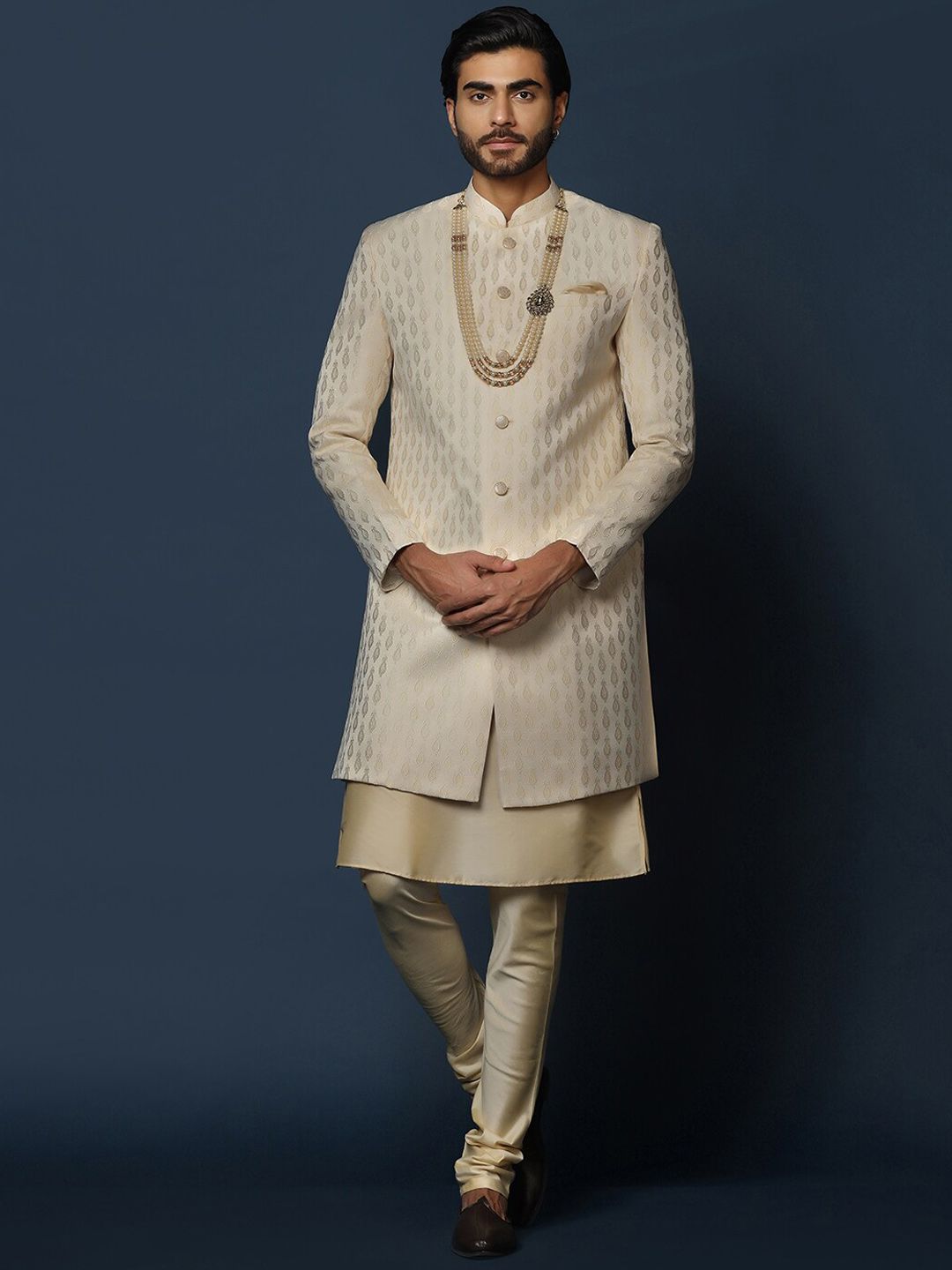 KISAH Self-Design Cotton Sherwani Set-image-14