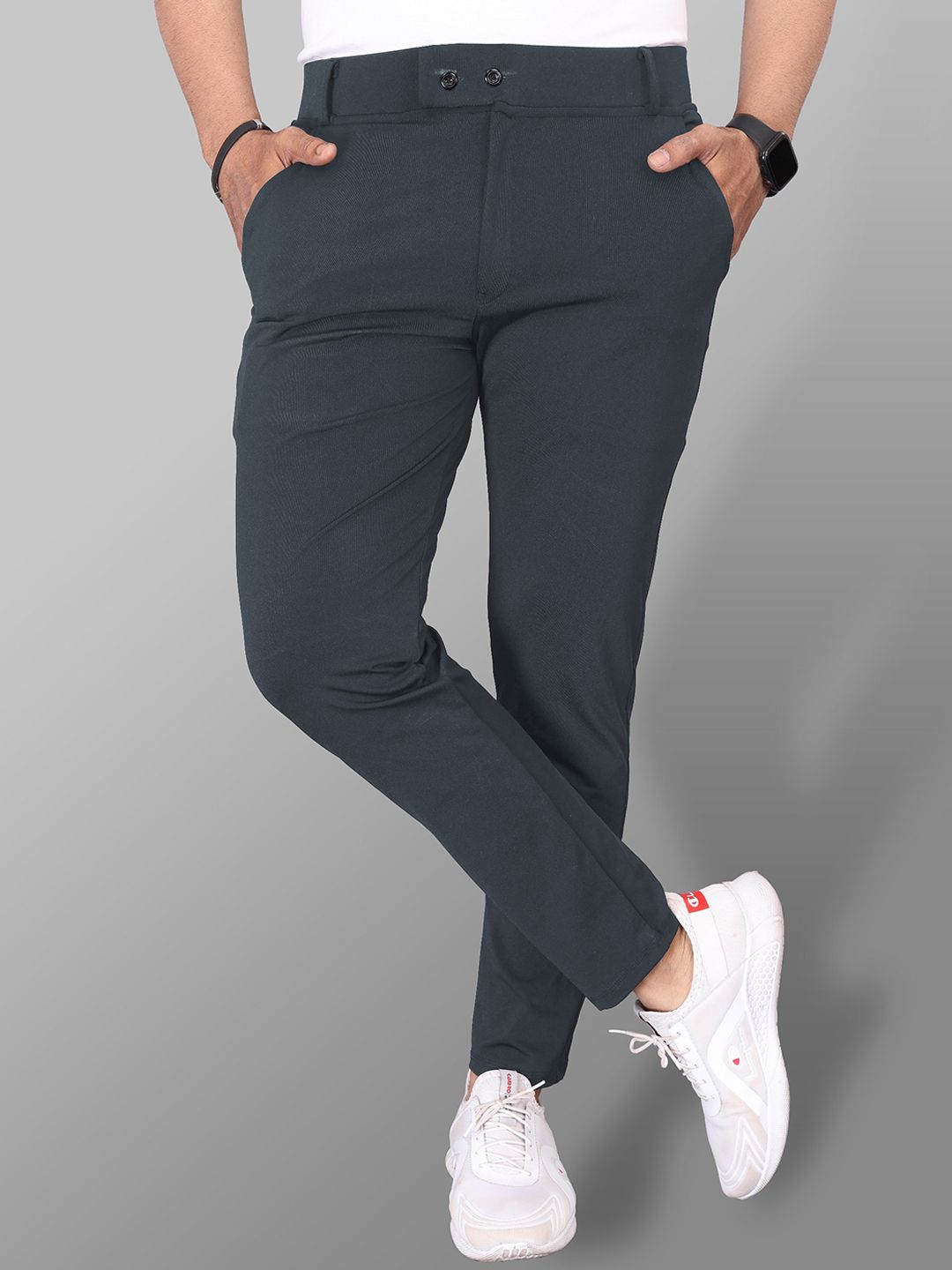 COMBRAIDED Men Relaxed Mid Rise Plain Knitted Slim Fit Chinos Trousers-image-37