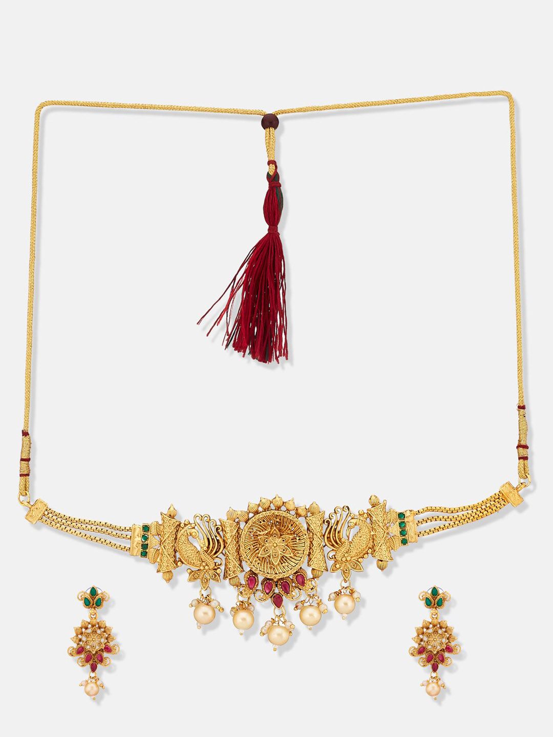 ATIBELLE Gold-Plated Stone-Studded  & Beaded Jewellery Set