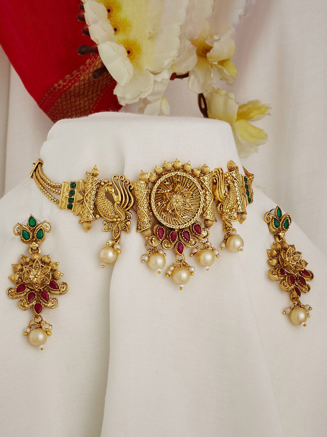 ATIBELLE Gold-Plated Stone-Studded  & Beaded Jewellery Set