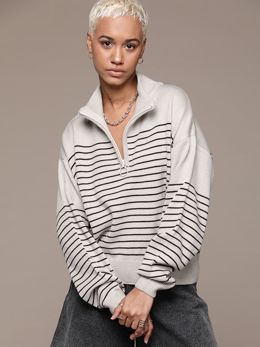 The Roadster Lifestyle Co. Mock Collar Drop-Full Sleeves Striped Pullover-picture-43