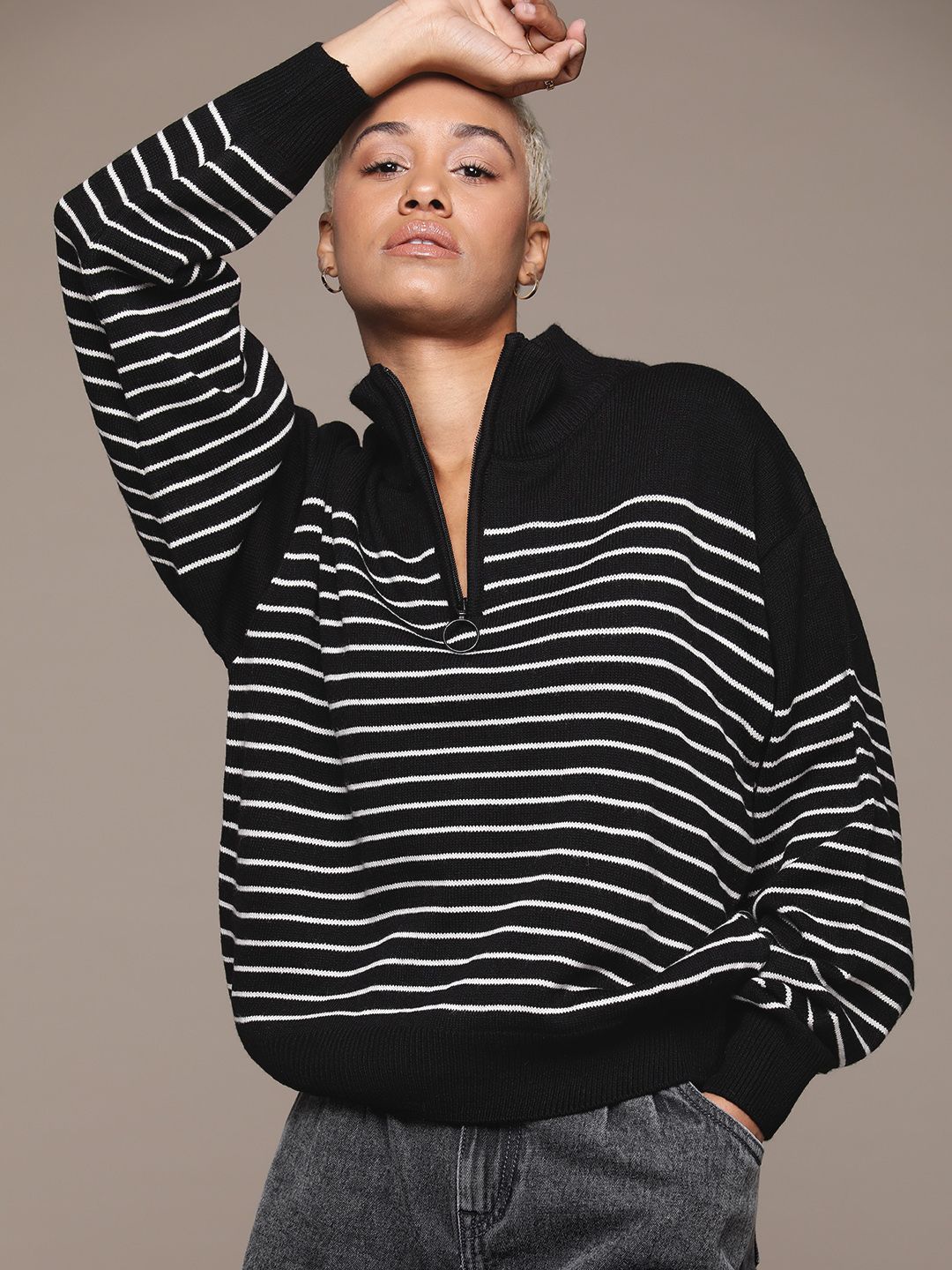 The Roadster Lifestyle Co. Mock Collar Drop-Full Sleeves Striped Pullover-picture-30