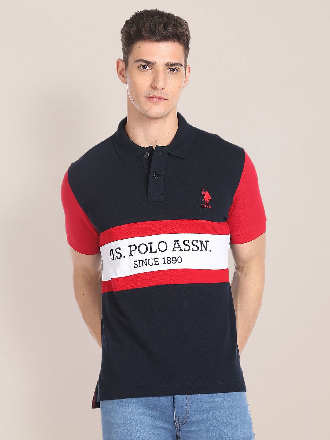 U.S. Polo Assn. Colourblocked & Brand Logo Embroidered Pure Cotton Slim Fit Polo T-shirt