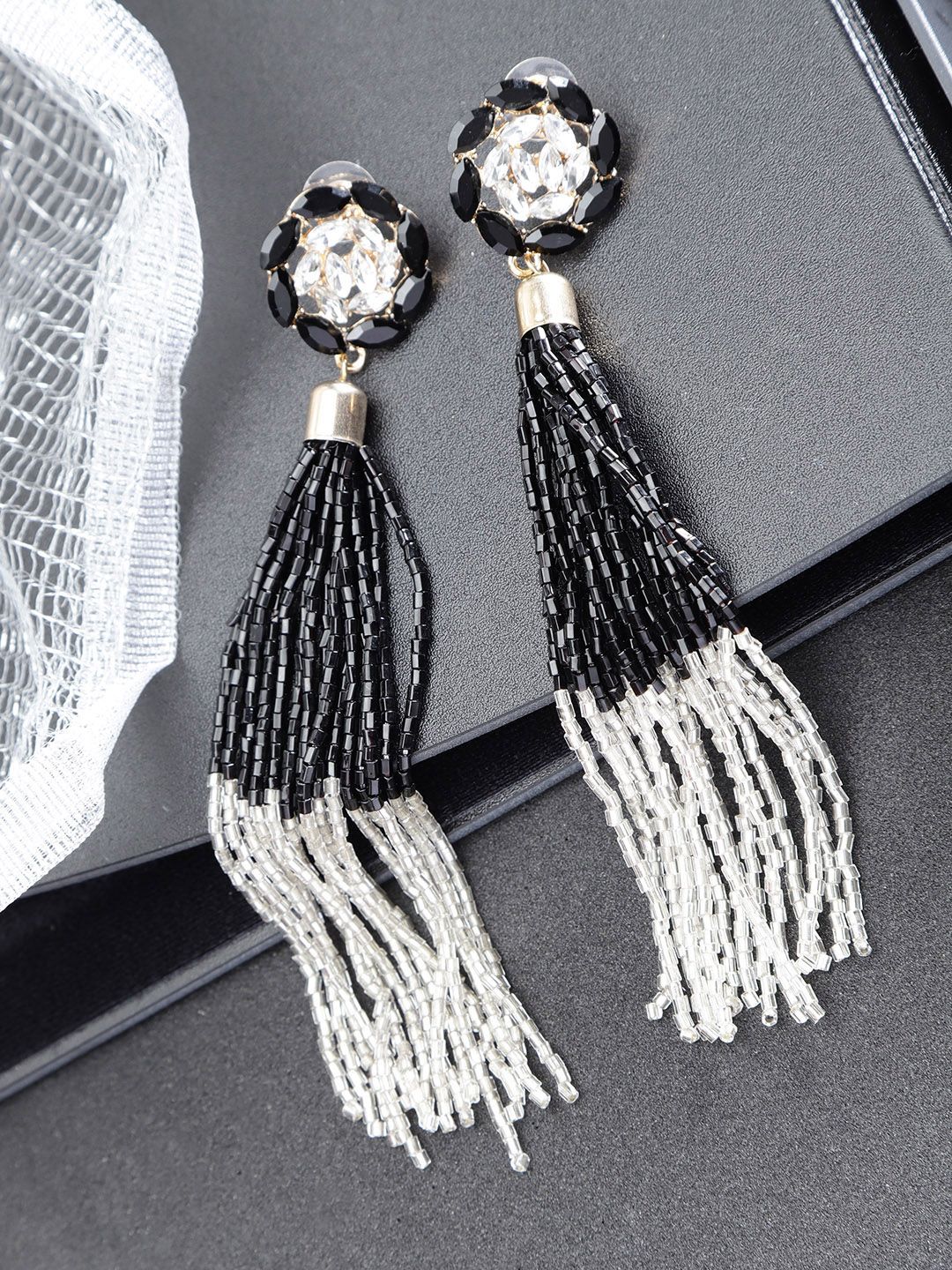 DressBerry Gold-Plated & Black Stone-Studded Beaded Tasselled Contemporary Drop Earrings-image-20