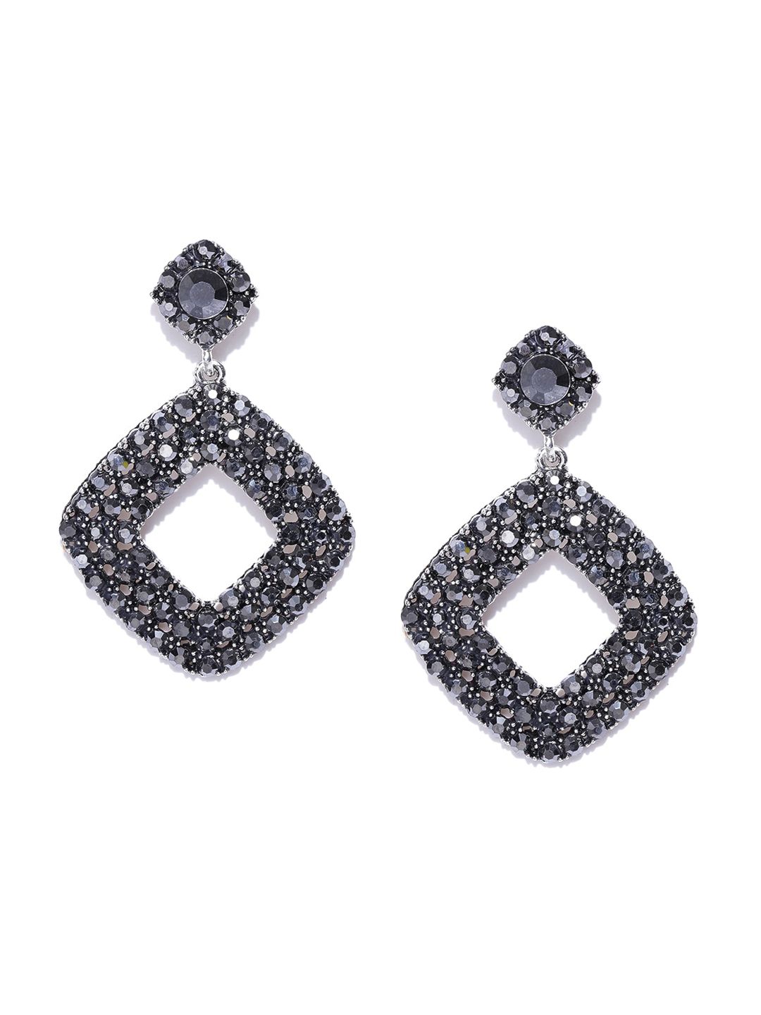 DressBerry Silver-Plated And Black Artificial Stones Contemporary Drop Earrings-picture-25
