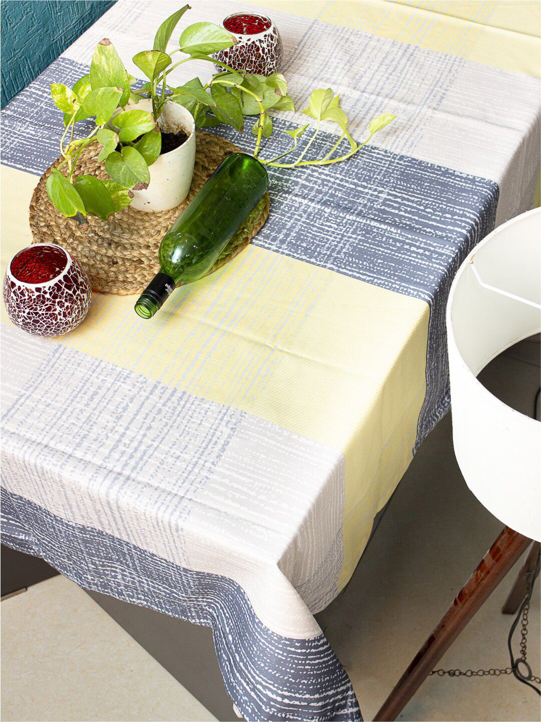 URBAN SPACE Sicilia Yellow & Grey Printed 300 GSM Linen Cotton 6-Seater Table Cover-image-14