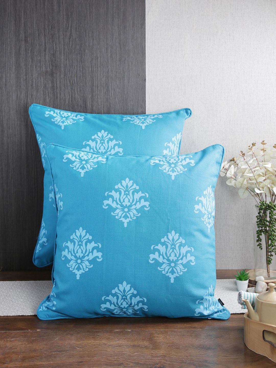 Soumya Turquoise 2 Pieces Blue & White Ethnic Motifs Pure Cotton Square Cushion Covers-picture-28