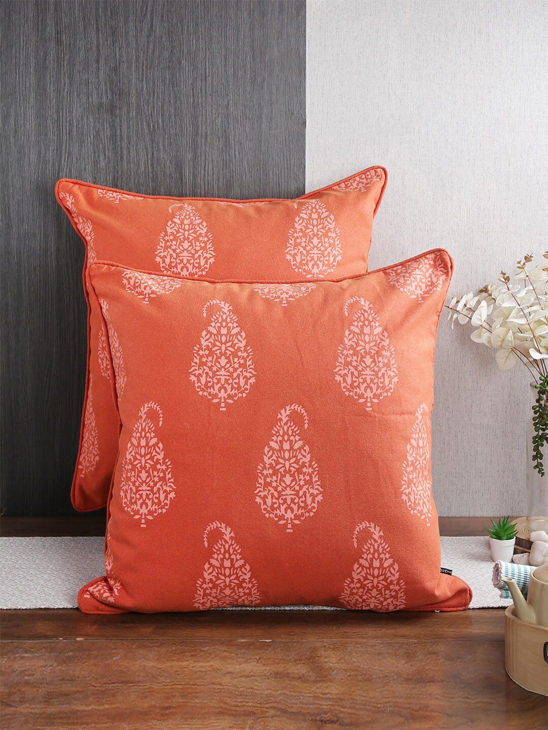 Soumya 2 Pieces Rust Orange & White Ethnic Motifs Pure Cotton Square Cushion Covers-picture-27
