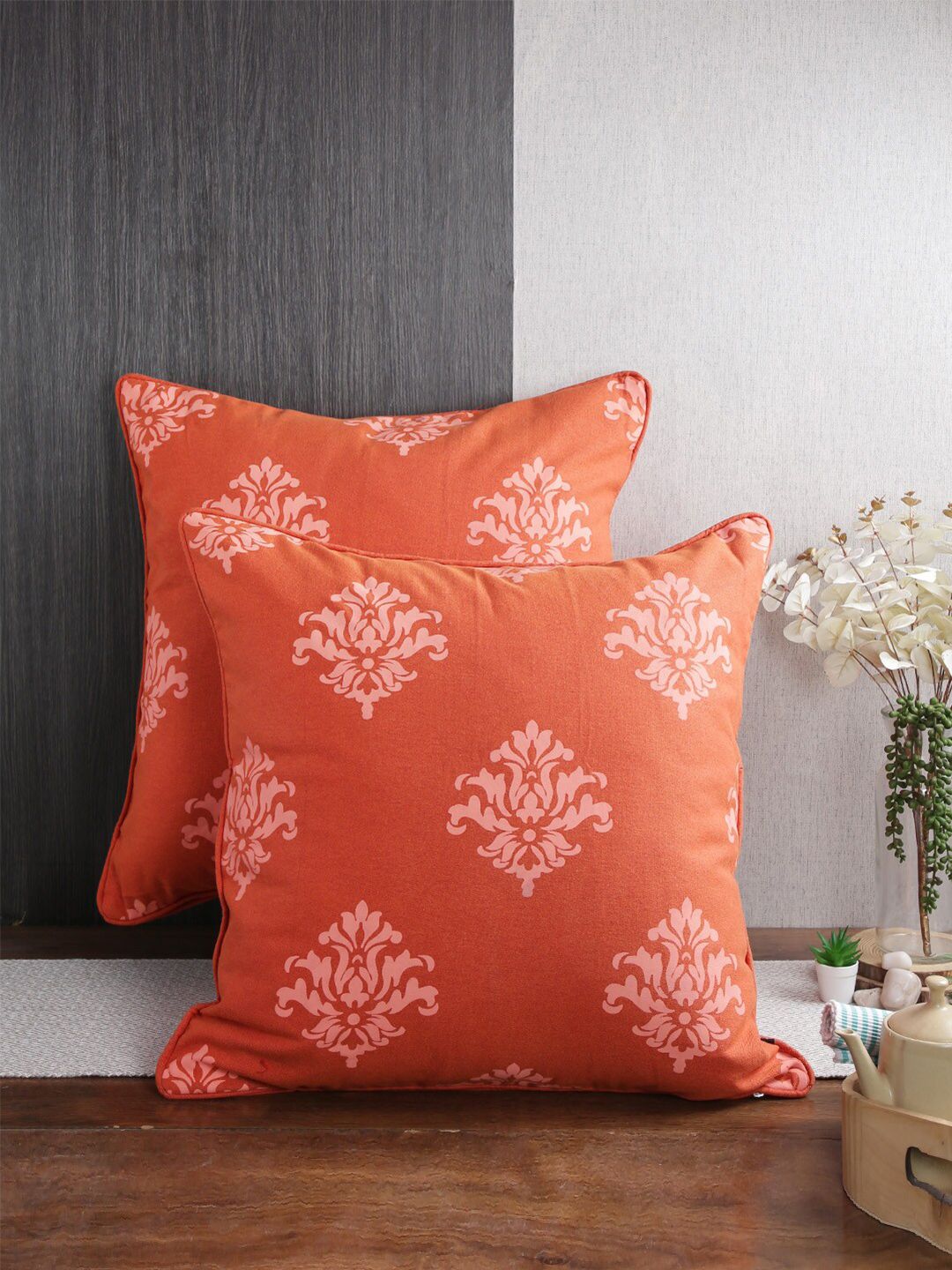 Soumya 2 Pieces Rust Orange Ethnic Motifs Pure Cotton Square Cushion Covers-picture-26