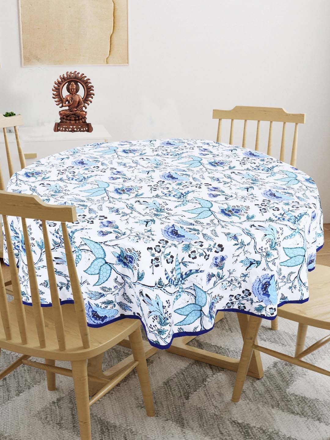 INDHOME LIFE White & Blue Floral Printed Pure Cotton 4-Seater Table Cover-picture-11