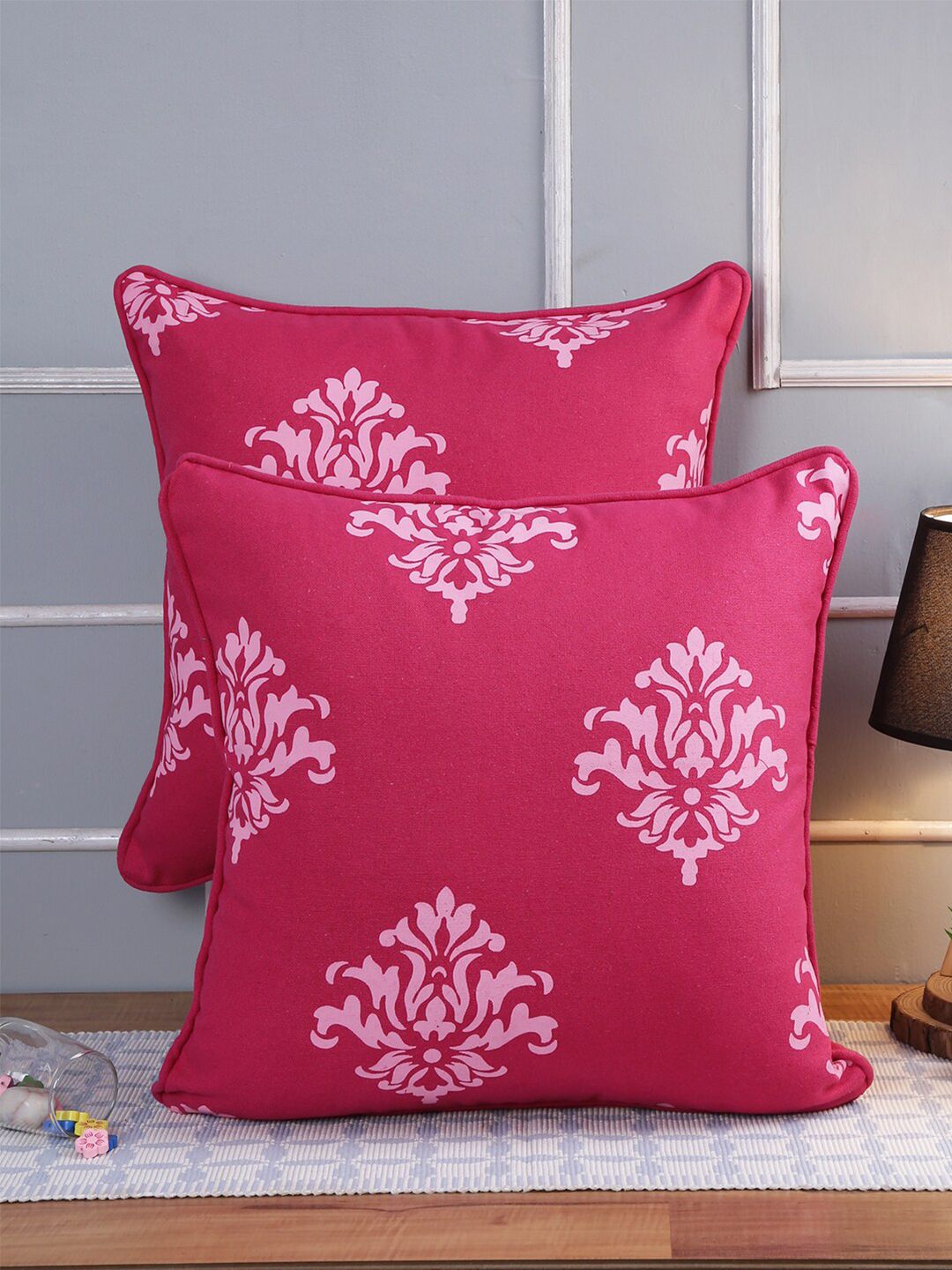 Soumya Pink & White 2 Pieces Ethnic Motifs Square Cotton Cushion Covers-picture-25