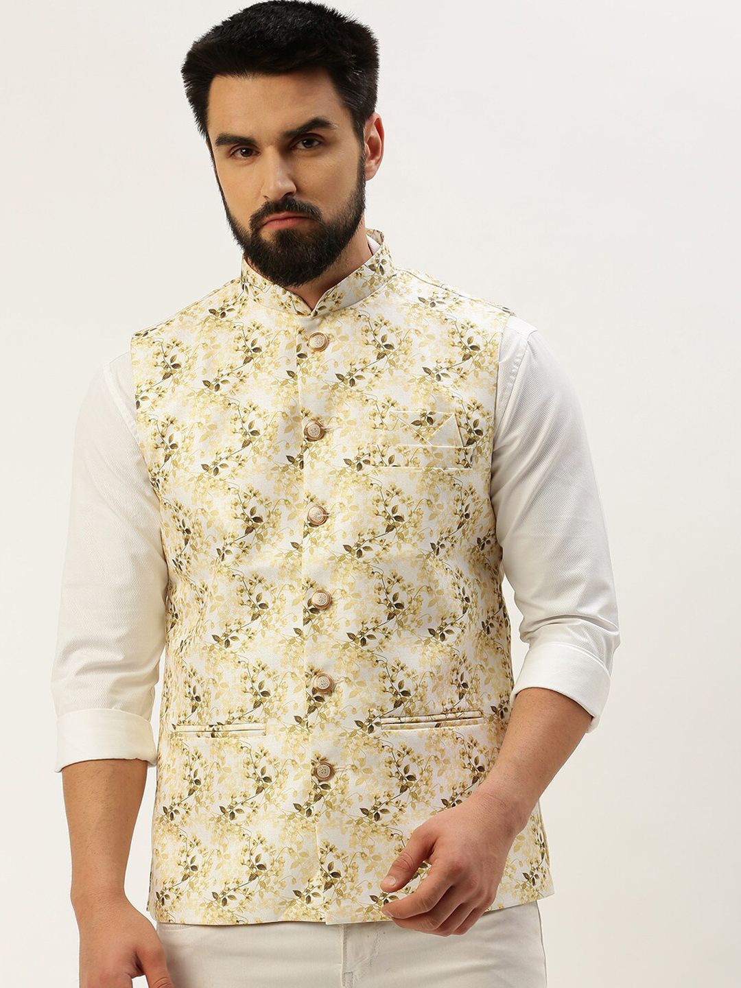 SHOWOFF Floral Printed Mandarin Collar Nehru Jackets-image-16