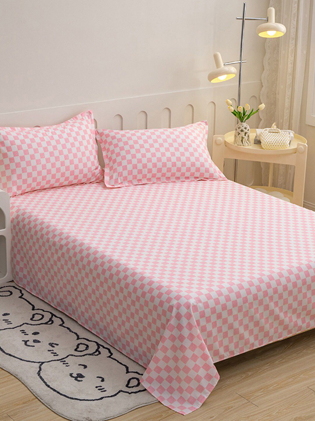 JC HOME Pink & White Geometric 140 TC Queen Bedsheet with 2 Pillow Covers-image-15