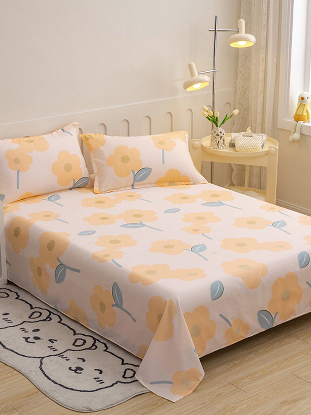 JC HOME White & Yellow Floral Printed 140 TC Single Bedsheet & Pillow Cover-picture-38