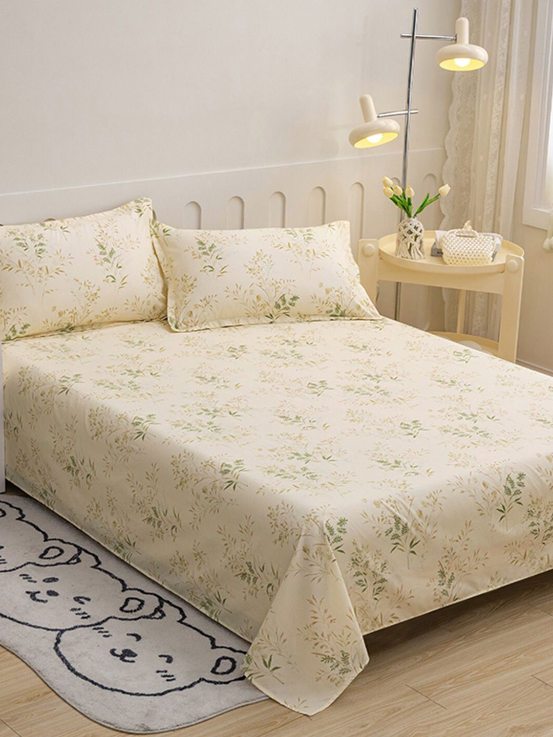 JC HOME Beige & Green Floral 140 TC Single Bedsheet with 1 Pillow Cover-picture-15