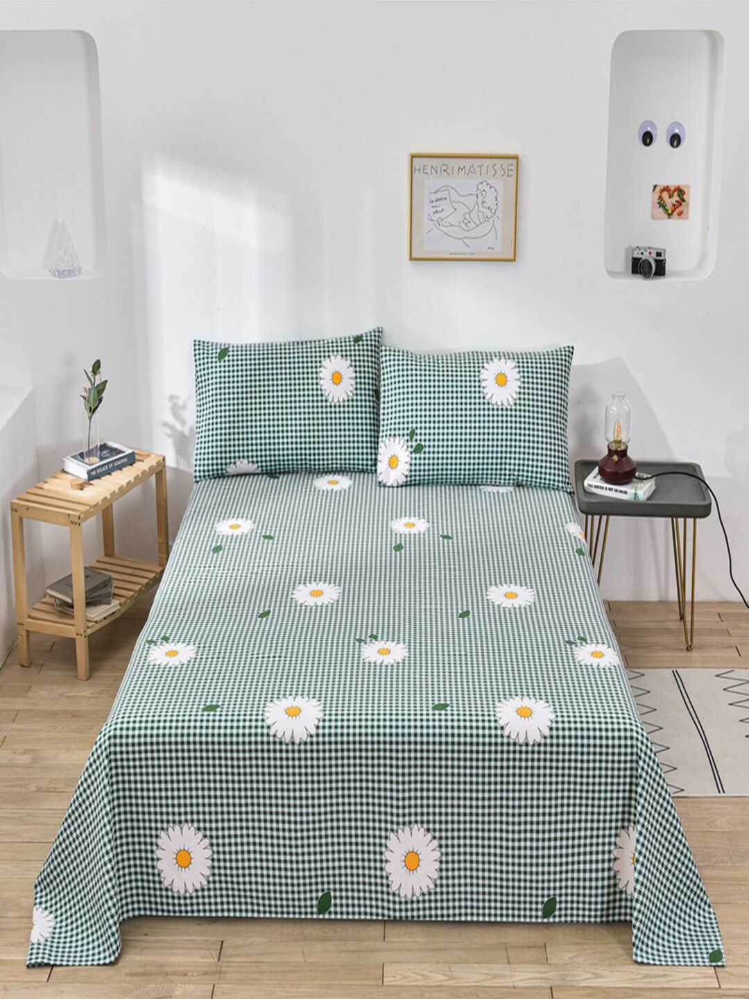 JC HOME Green & White Floral 160 TC King Bedsheet with 2 Pillow Covers-picture-38