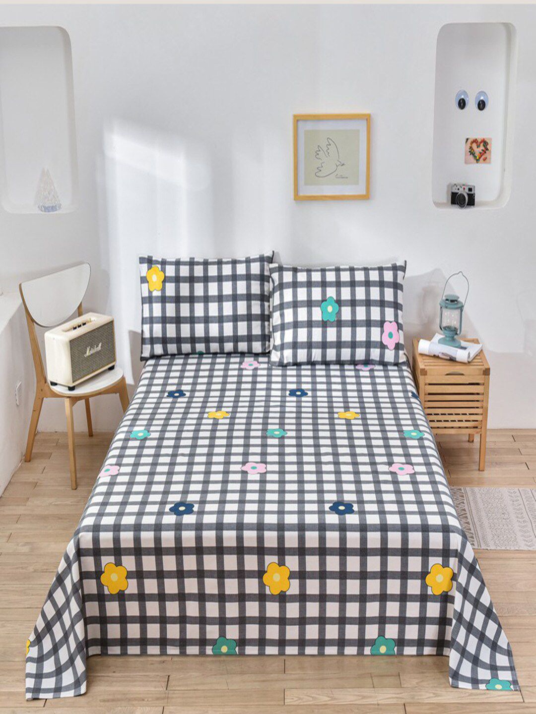 JC HOME Black & White Floral 160 TC King Bedsheet with 2 Pillow Covers-picture-30