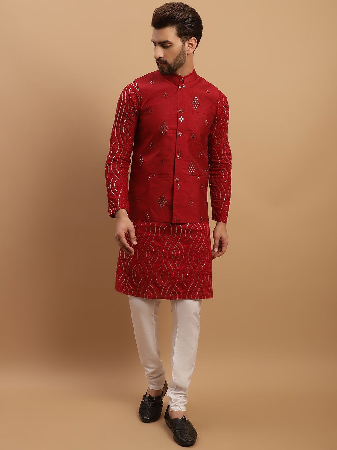 SOJANYA Embeoidered Sequinned Pure Cotton Kurta with Churidar & Embellished Nehru Jacket