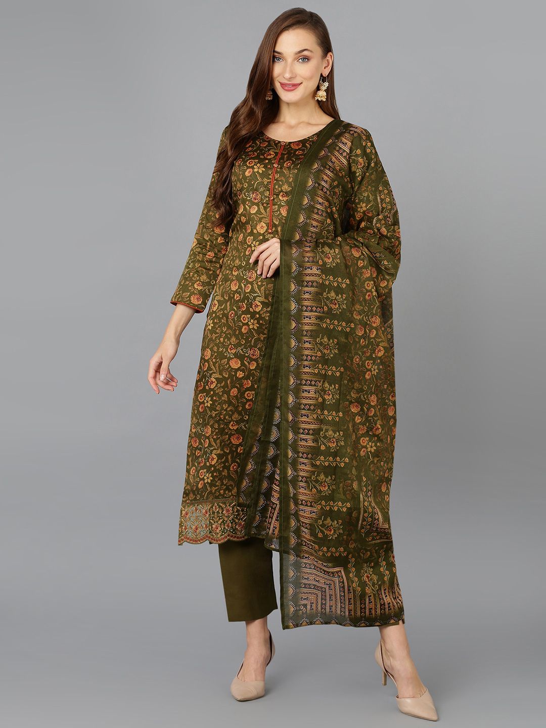 AHIKA Olive Green Floral Printed Thread Work Kurta with Trousers & Dupatta-picture-24