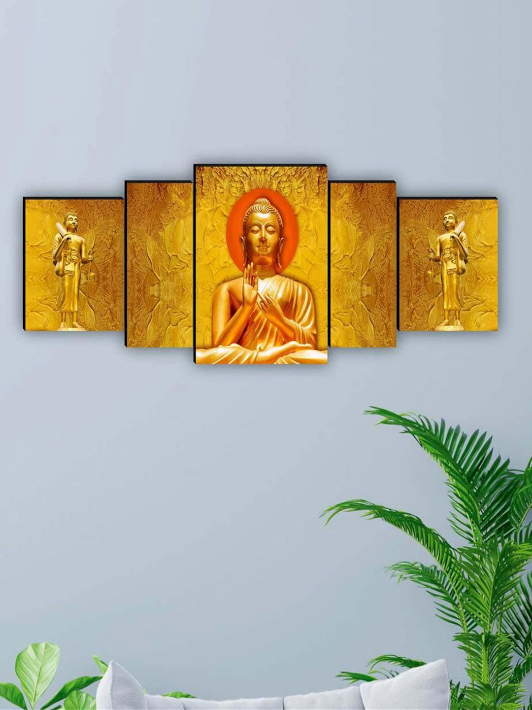 SAF Yellow & Orange Coloured 5 Pieces Lord Buddha Framed Wall Art Painting-picture-13