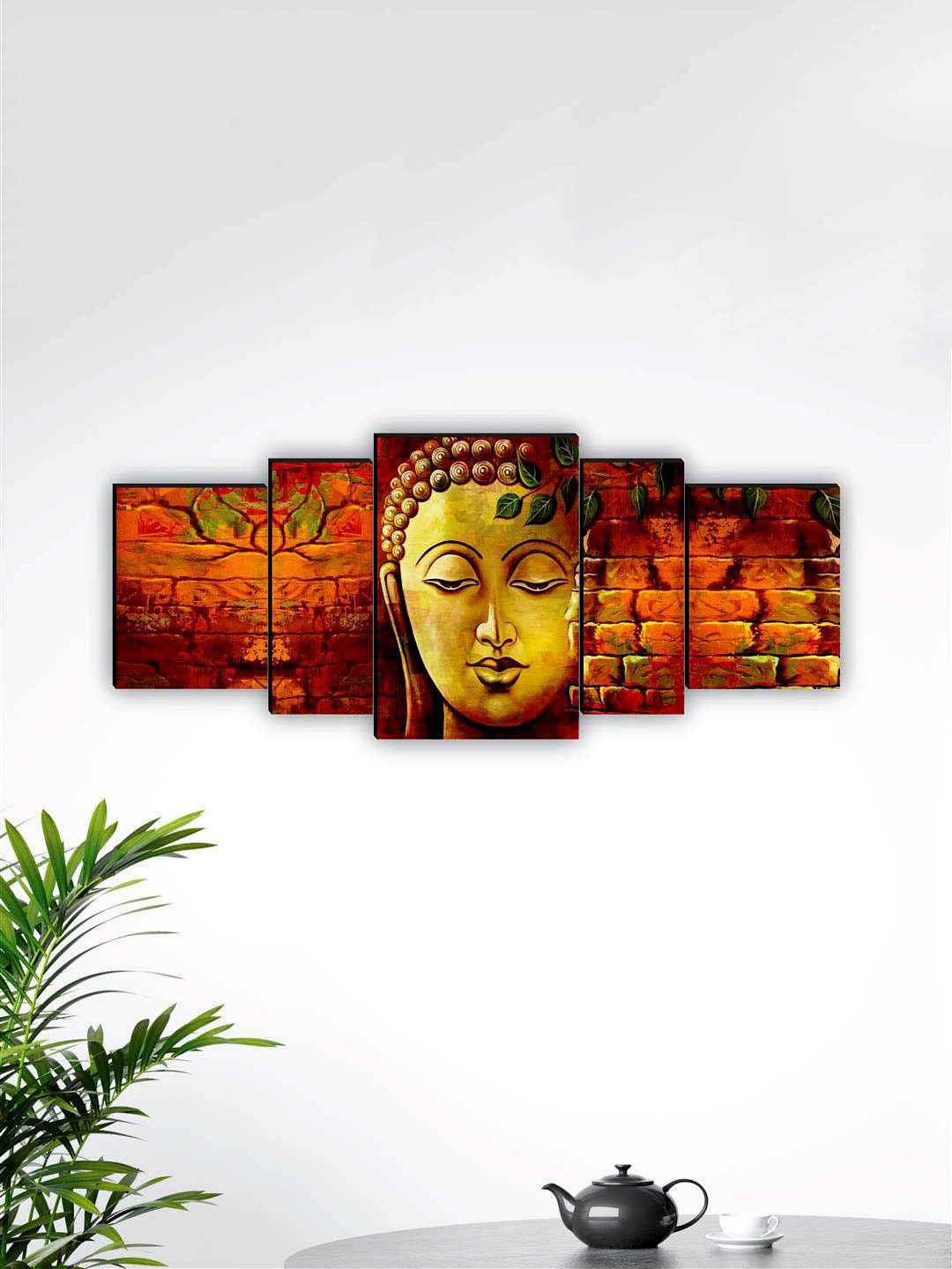 SAF Brown & Gold-Toned 5 Pieces Lord Buddha Framed Wall Art Painting-picture-21