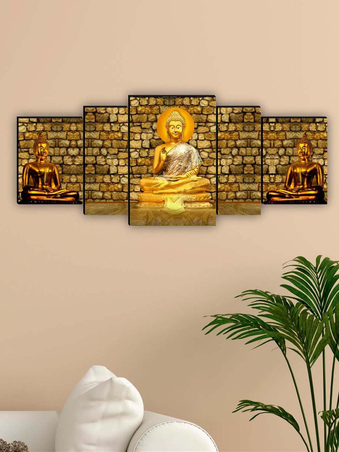 SAF Brown & Gold-Toned 5 Pieces Lord Buddha Framed Wall Art Painting-picture-14