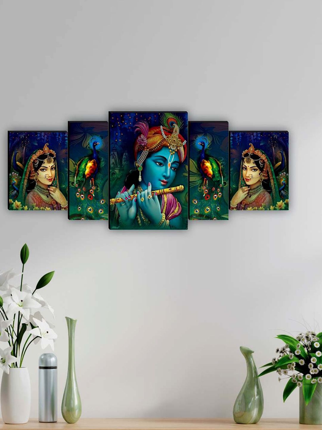 SAF Green & Blue 5 Pieces Lord Radha Krishna Printed Framed Wall Art Painting-picture-23