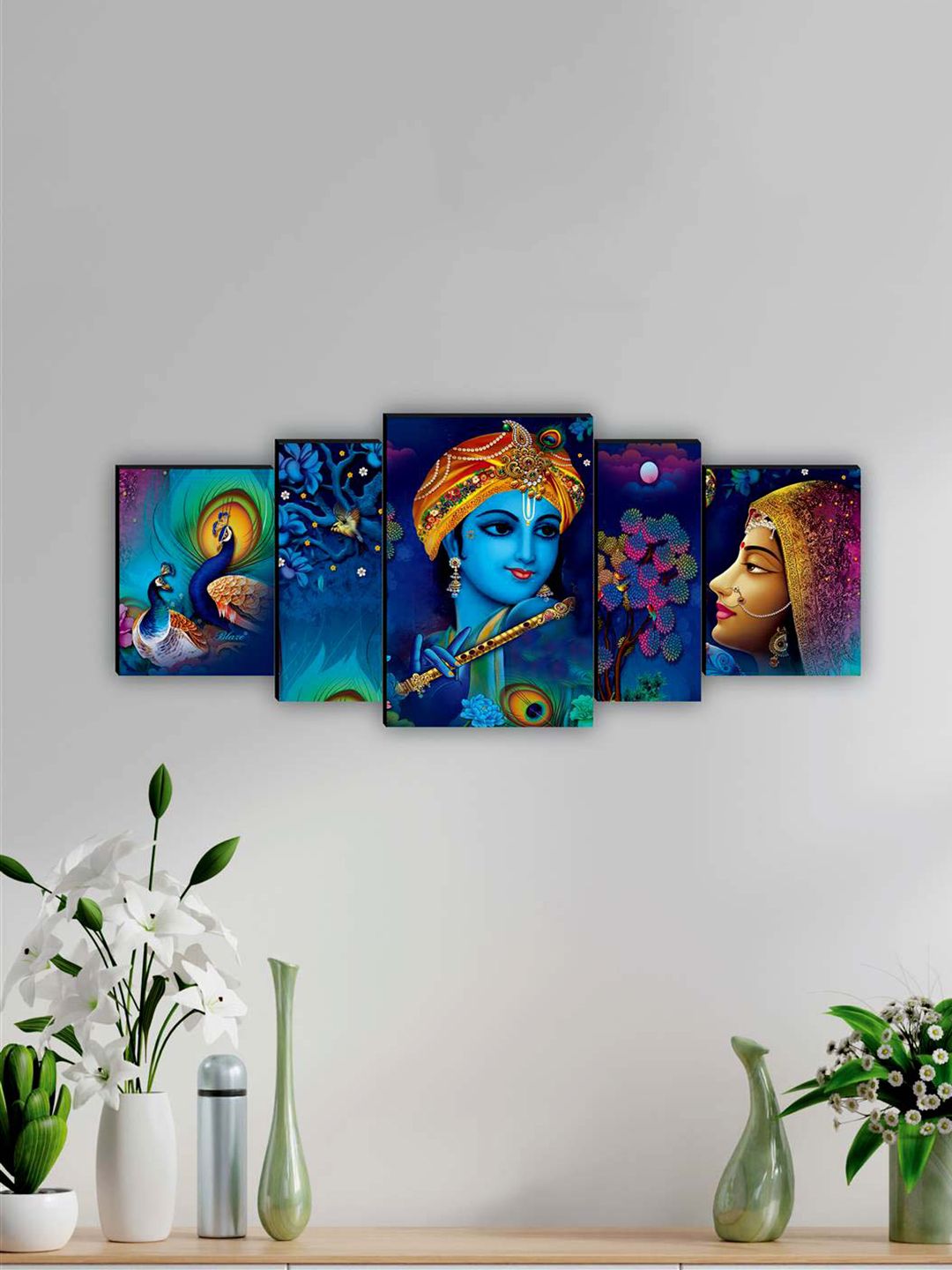 SAF Blue & Yellow 5 Pieces Lord Radha Krishna Framed Wall Art Painting-picture-20