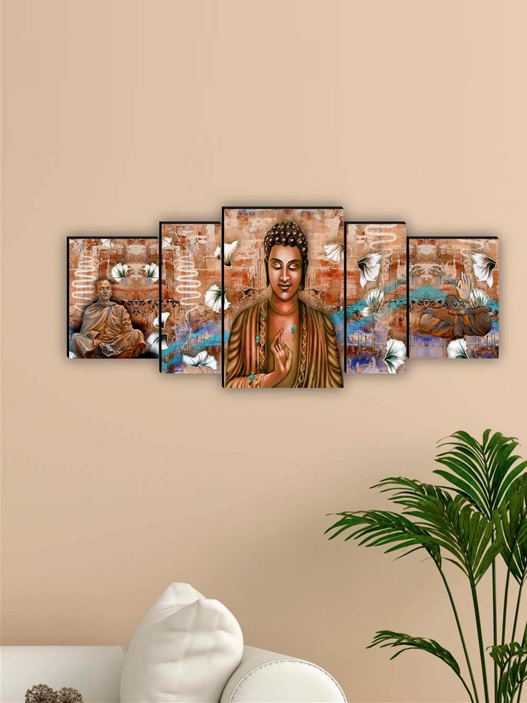 SAF Brown & Blue 5 Pieces Lord Buddha Printed UV Coating Finish Framed Wall Arts-picture-32