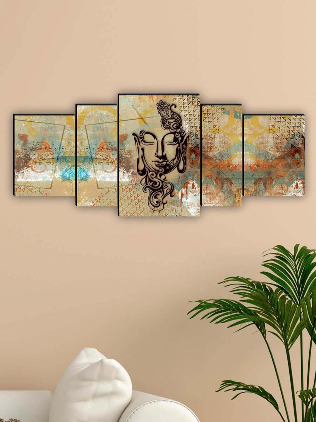 SAF Beige-Coloured & Black 5 Pieces Lord Buddha Waterproof Framed Wall Art-picture-24