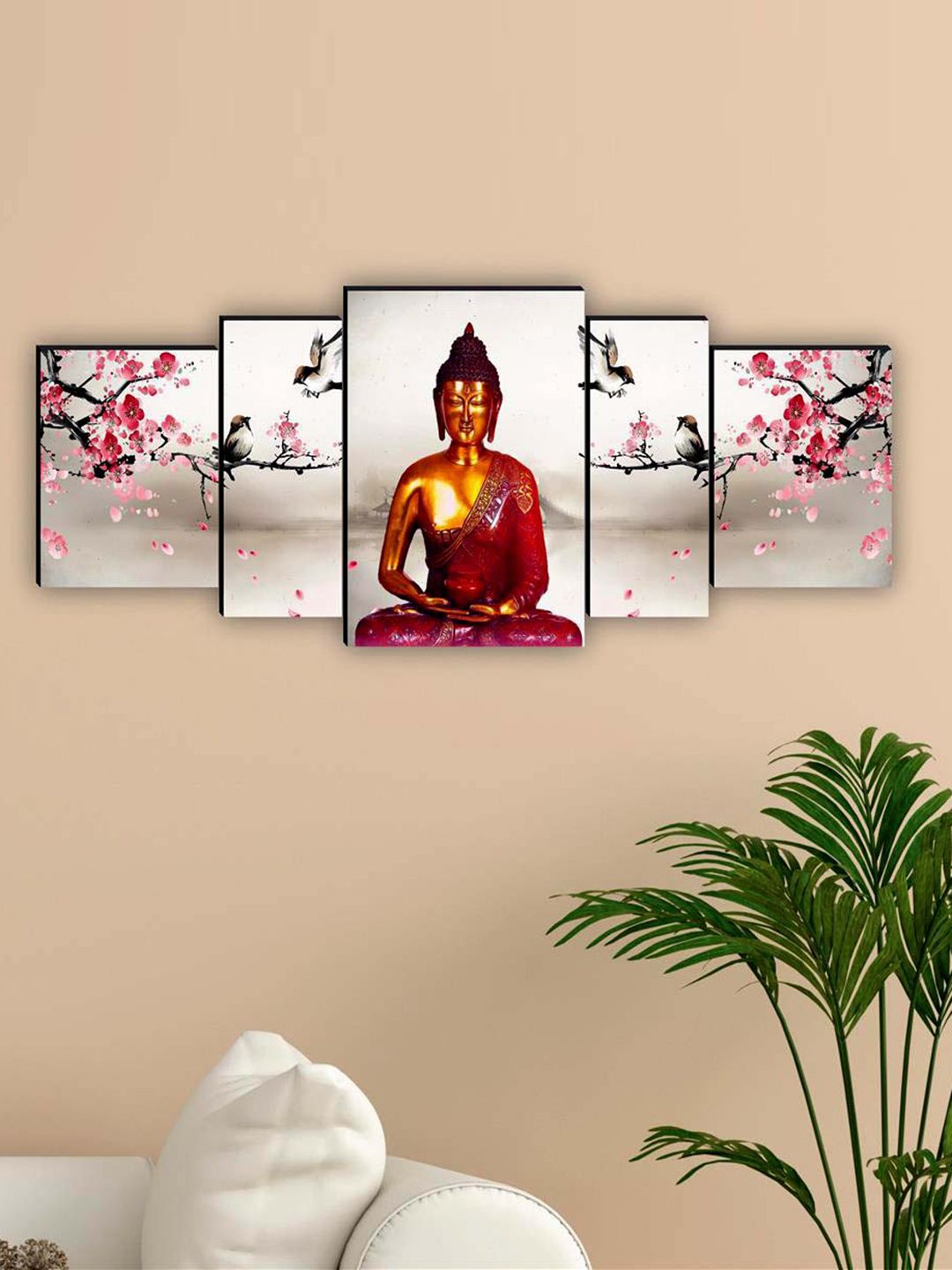 SAF White & Pink 5 Pieces Lord Buddha Waterproof Framed Wall Art-picture-28