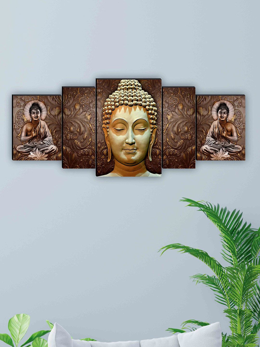 SAF Brown & Gold-Toned 5 Pcs Lord Buddha Framed Wall Art Painting-picture-15