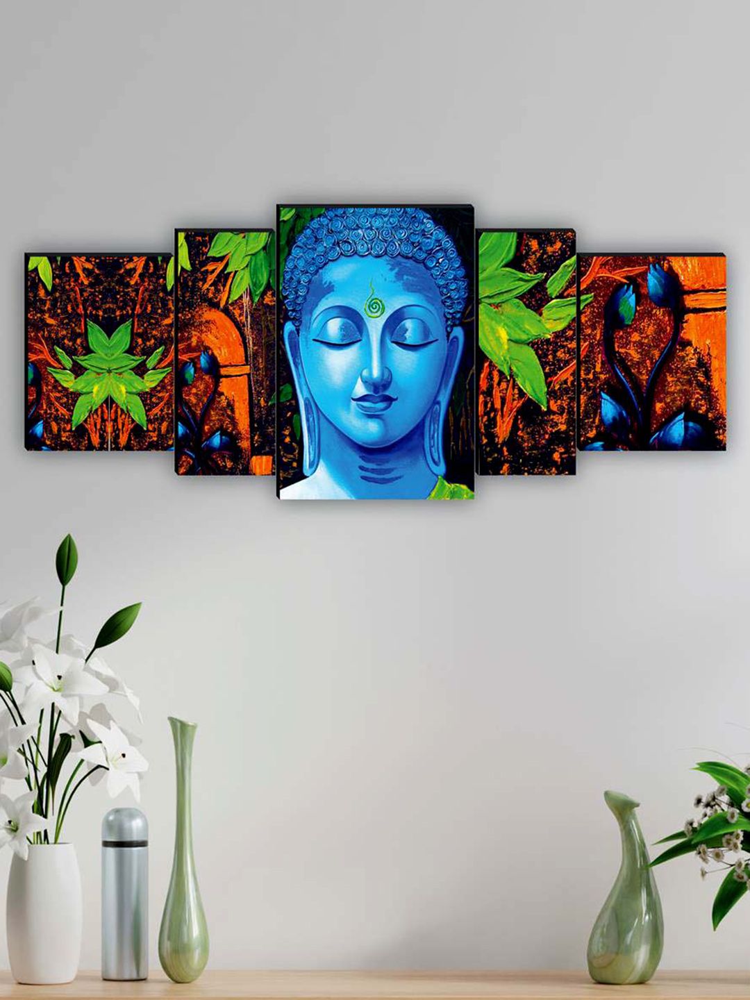 SAF Blue & Green 5 Pieces Lord Buddha Framed Wall Art Painting-picture-12