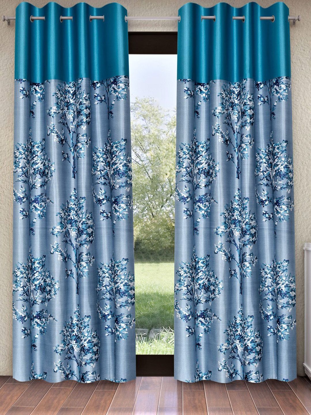 Fashion String Blue & White 2 Pieces Floral Printed Window Curtains-image-28