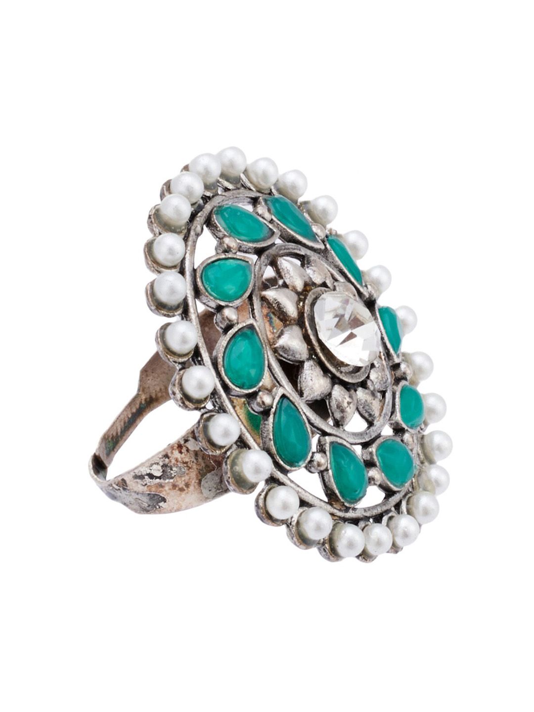 ATIBELLE Silver-Plated Stone-Studded & Artificial-Beaded Adjustable Ring